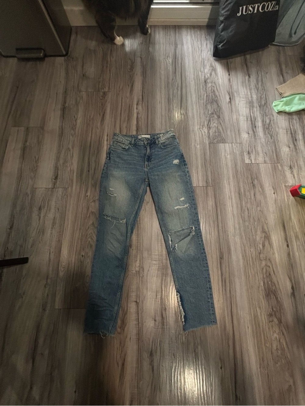 Zara Women's Distressed Medium Blue Straight-Leg Jeans